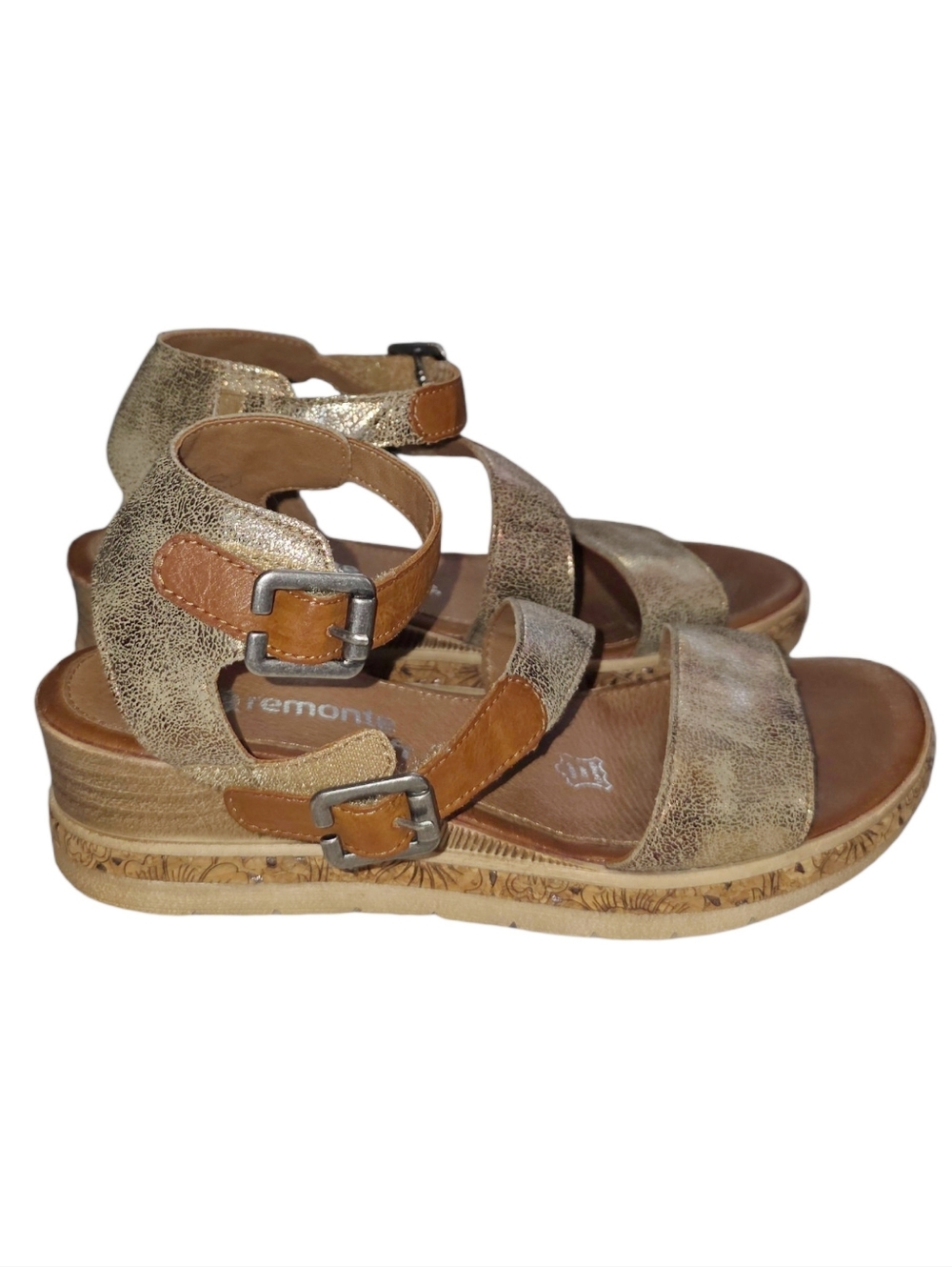 Remonte Metallic Gold and Tan Strappy Wedge Sandals
